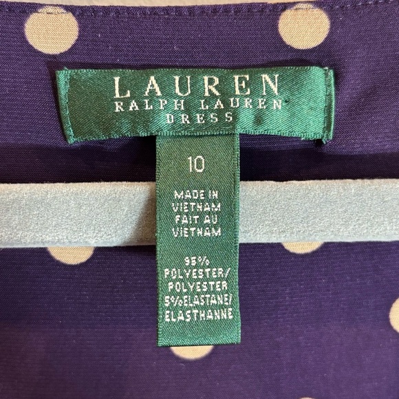 LAUREN RALPH LAUREN Sz 10 Purple Beige Polka Dot Above the Knee Ruched Dress - Picture 5 of 8